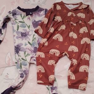 PatPat Rainbow Baby Romper & Burts Bees Purple Floral Pj Footie Set